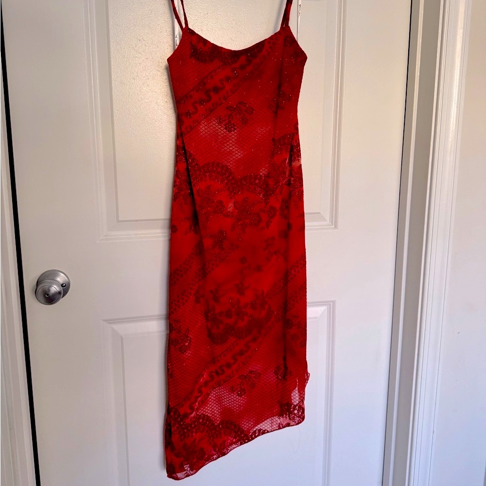 Vintage 90s Y2K Asymmetrical Patterned Red Dress